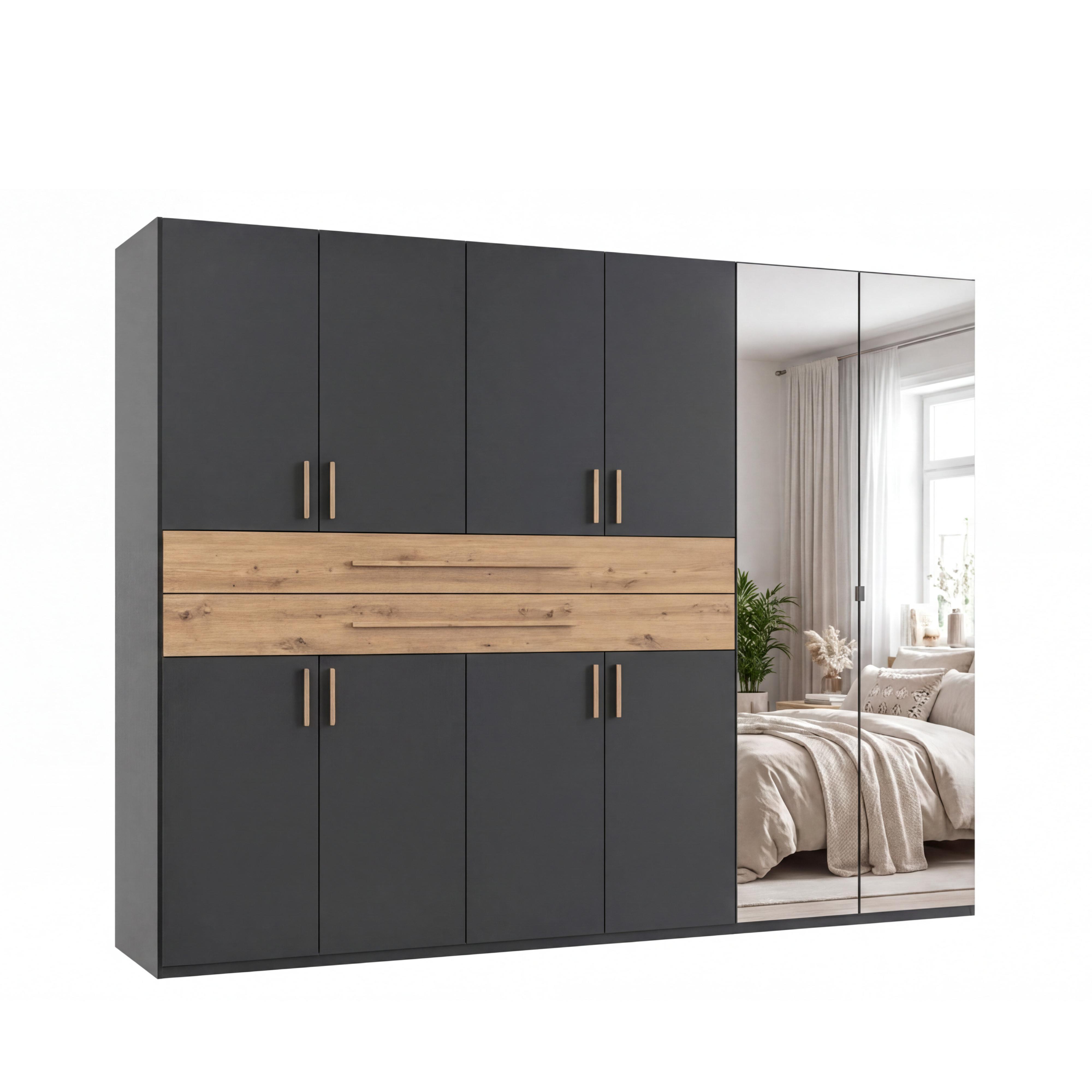 DREHTÜRENSCHRANK B270/H208/T58 cm in Grafit, Kleiderschrank mit 2 Spiegeltüren, 2 großen Schubkästen & Griffen in Eiche Artisan Dekor / 22649 - Graphitfarben/Eiche Artisan, Holzwerkstoff/Kunststoff (270/208/58cm) - luma-home
