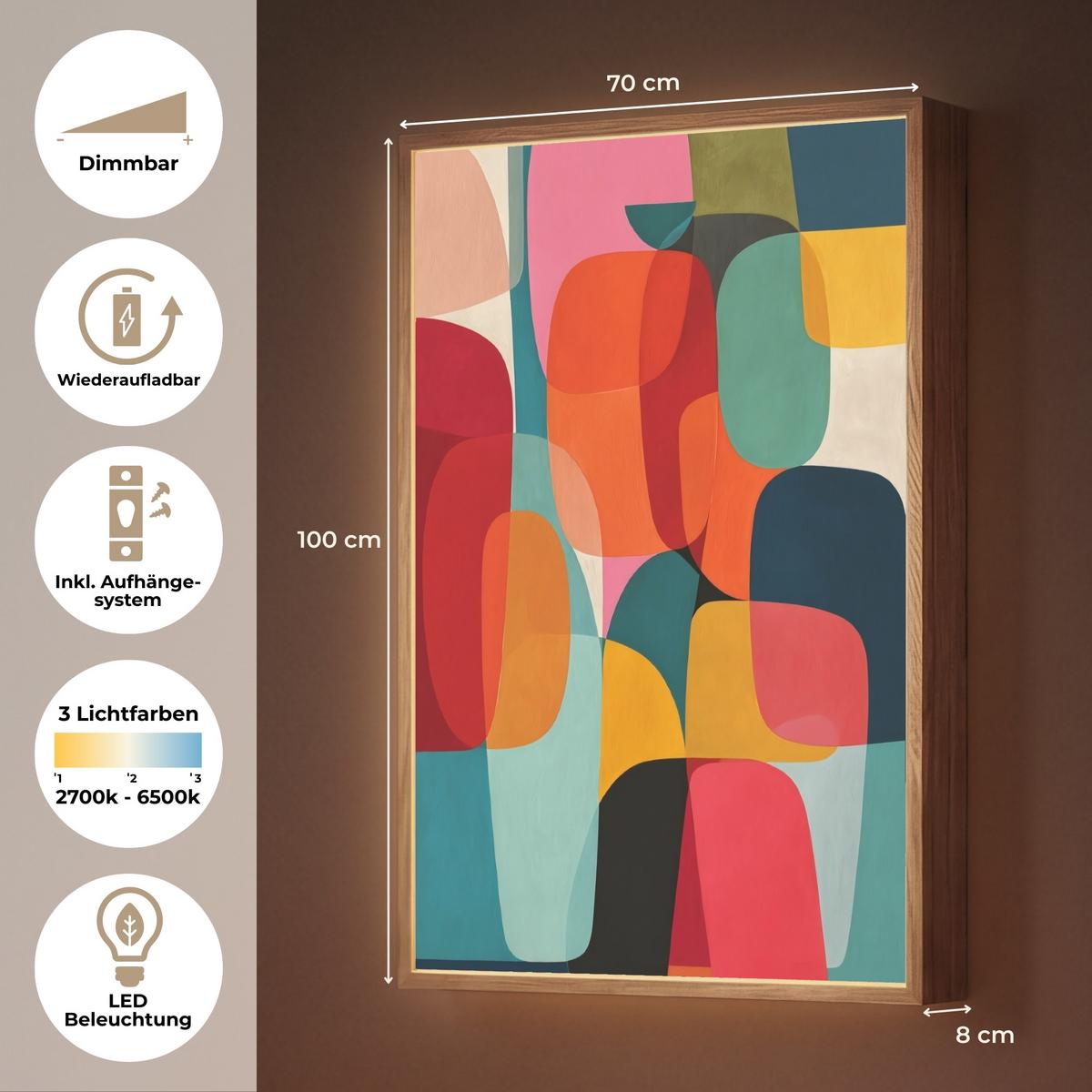 WANDLEUCHTE MIT AKKU Formen - Bunt - Abstrakt - Flugzeuge 70x100 cm - Multicolor, Holzwerkstoff (70/100/8cm) - OnlyWow