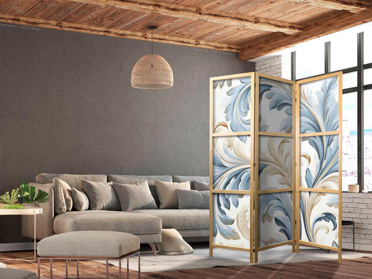 PARAVENT Japanischer 3-tlg 135x172 cm Bl tter Ornamente - Blau, Holz/Textil (135/172/3cm) - Muralo