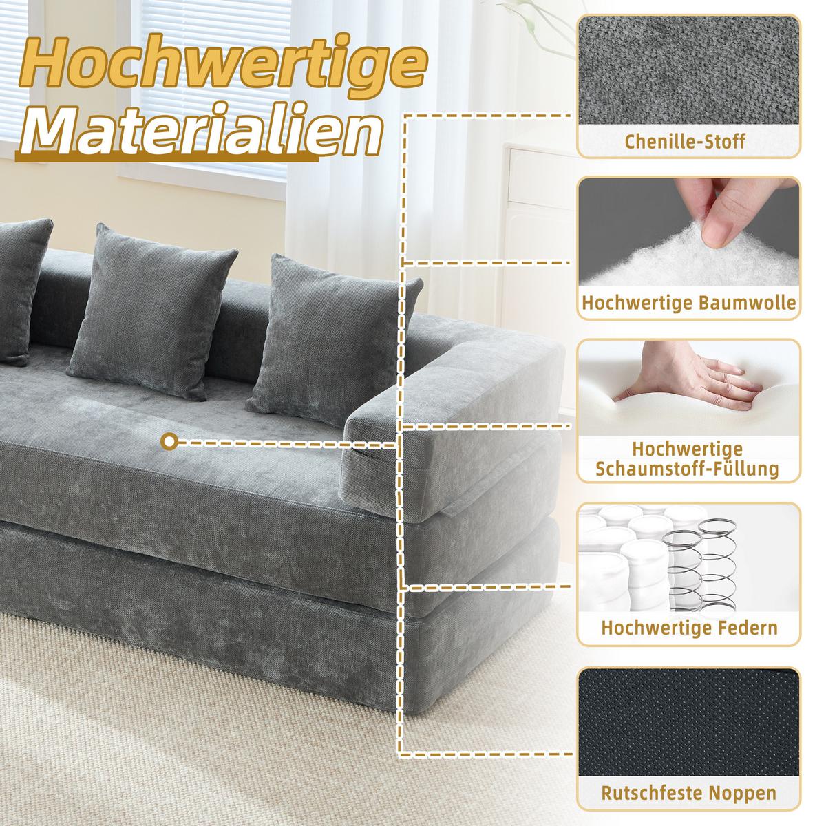 SCHLAFSOFA Modulares Chenille Block-Sofa DIY Kombinierbar mit Seitentaschen & Rutschfest - Dunkelgrau, Textil (198/60/79cm) - Urban Meuble