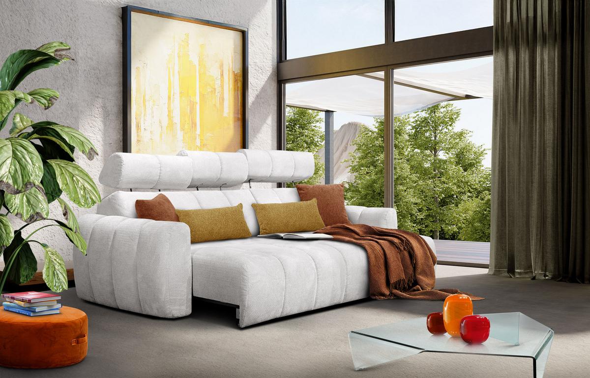ECKSOFA KIMI 3-Sitzer, ausziehbarer Sitz, verstellbare Kopfstützen, cremefarben - Creme/Schwarz, Holzwerkstoff/Textil (270/160cm) - Wozimo