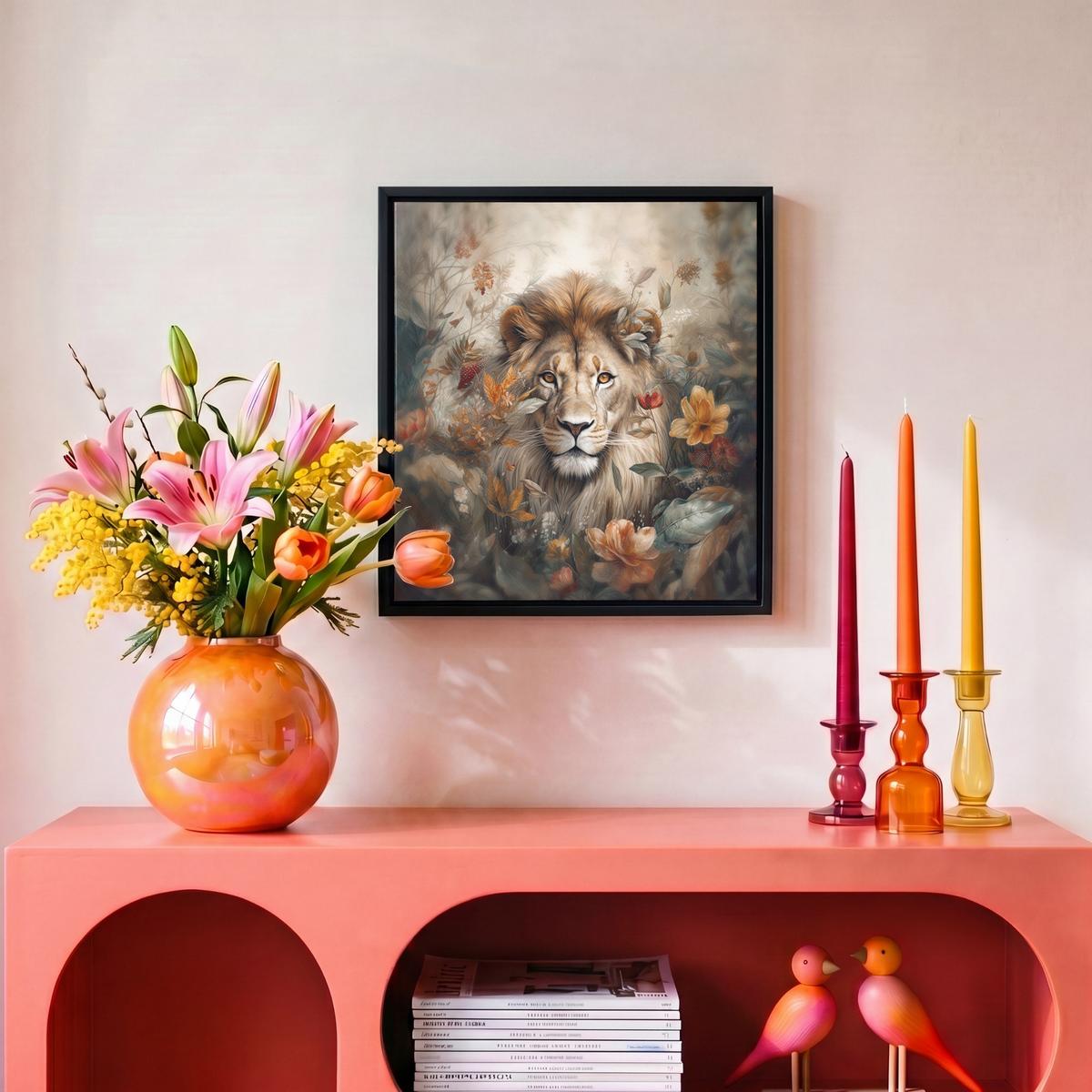 LEINWAND Bilder mit Rahmen - Löwe - Wildtiere - Pflanzen - Natur - Blumen - 20x20 - Beige, Textil (20/20cm) - MuchoWow