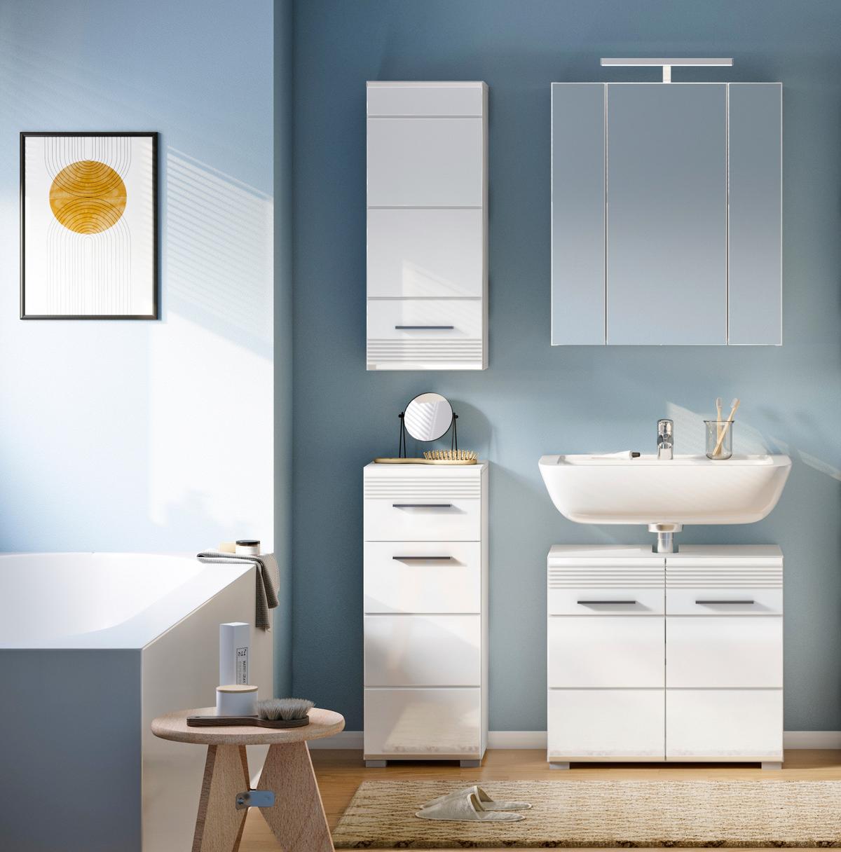 BADMÖBEL-SET, weiß Hochglanz 4-teilig, 105 x 182 cm, Badkombination mit Spiegelschrank - Weiß Hochglanz, Glas/Holzwerkstoff (105/182/34cm) - Inn.Furn