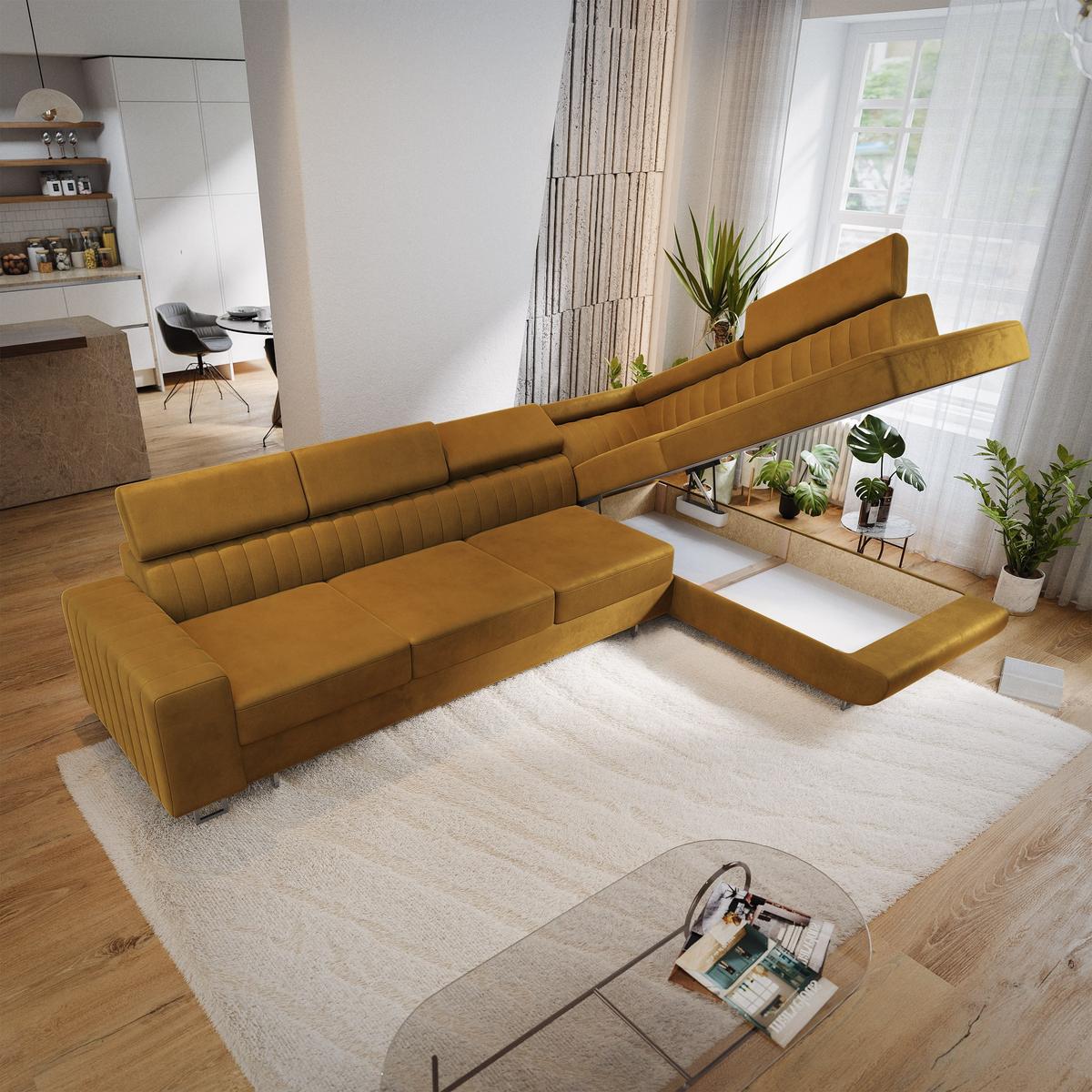 ECKSOFA HESTION Gelb Velours-Stoff mit Schlaffunktion - Gelb, Holz (332/190cm) - MASSENO