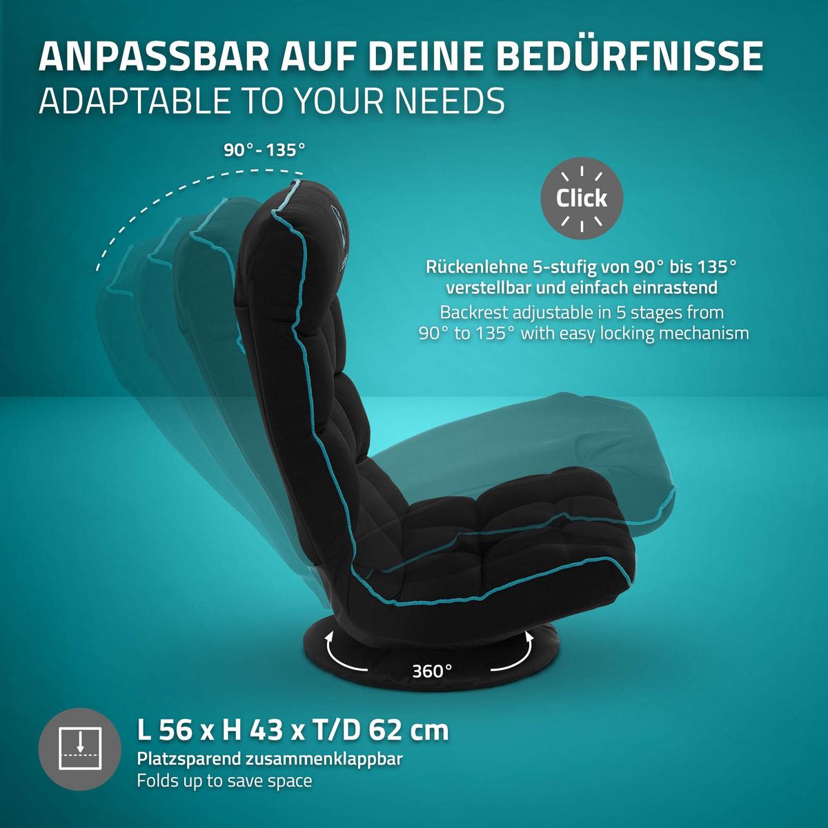 GAMING BODENSTUHL Schwarz-Türkis Stoffbezug 360° drehbar & verstellbar - Türkis/Schwarz, Textil (56/85/92cm) - ML-DESIGN