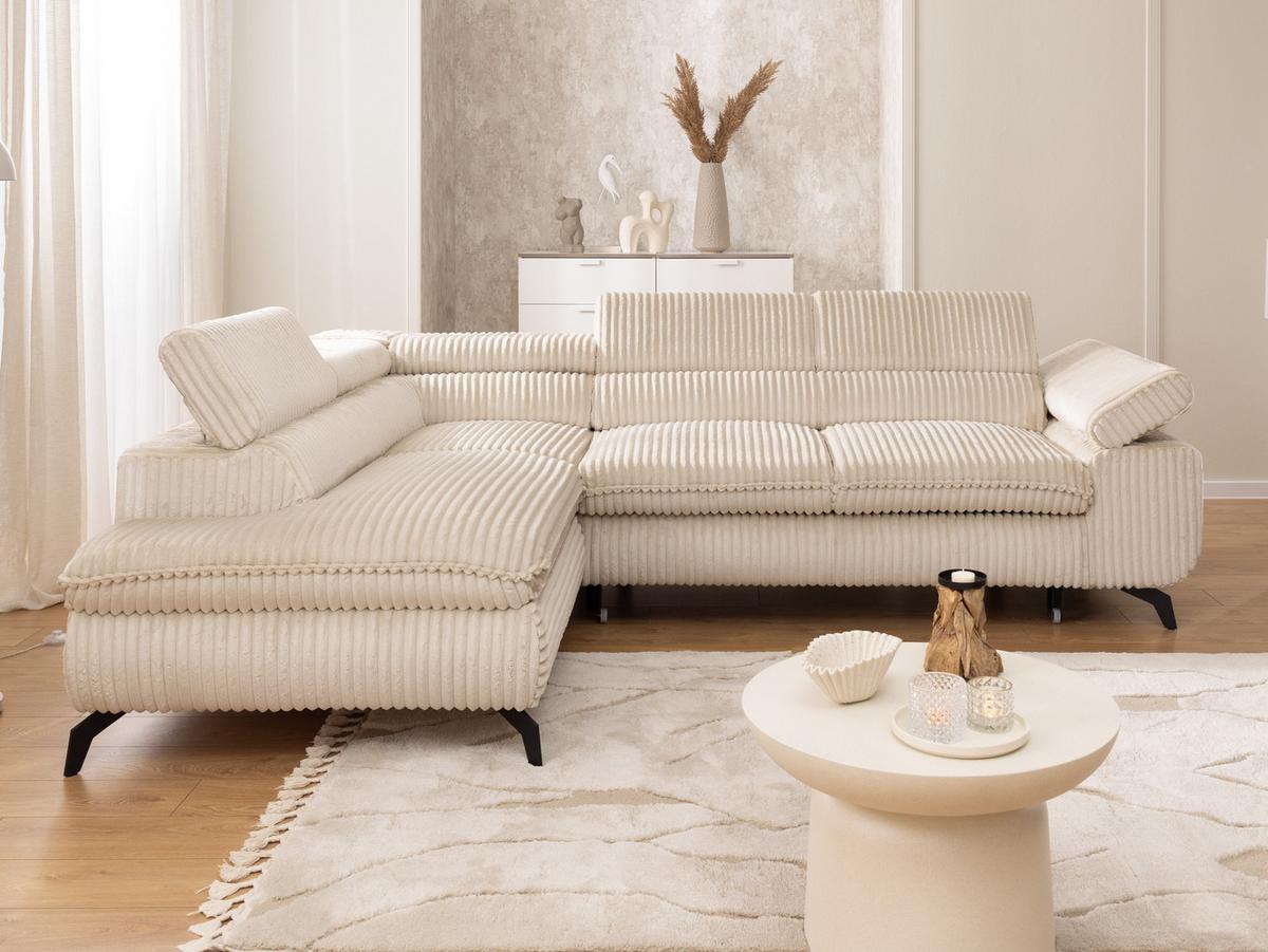 ECKSOFA mit Schlaffunktion und Bettkasten Bonnie aus Hellbeige Cord-Stoff mit verstellbaren Kopfstützen und Armlehne - Ottomane links - Beige/Schwarz, Holz/Textil (275/210cm) - S-Style Möbel