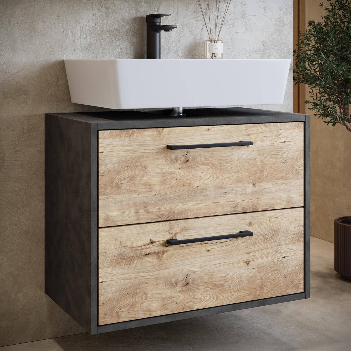 BADMÖBEL-SET Florence 2 Teile Kastanien Eiche mit Dunkel Grau - 60 x 35 x 51 cm - Eichefarben/Grau, Holz (60/51/35cm) - Badplaats