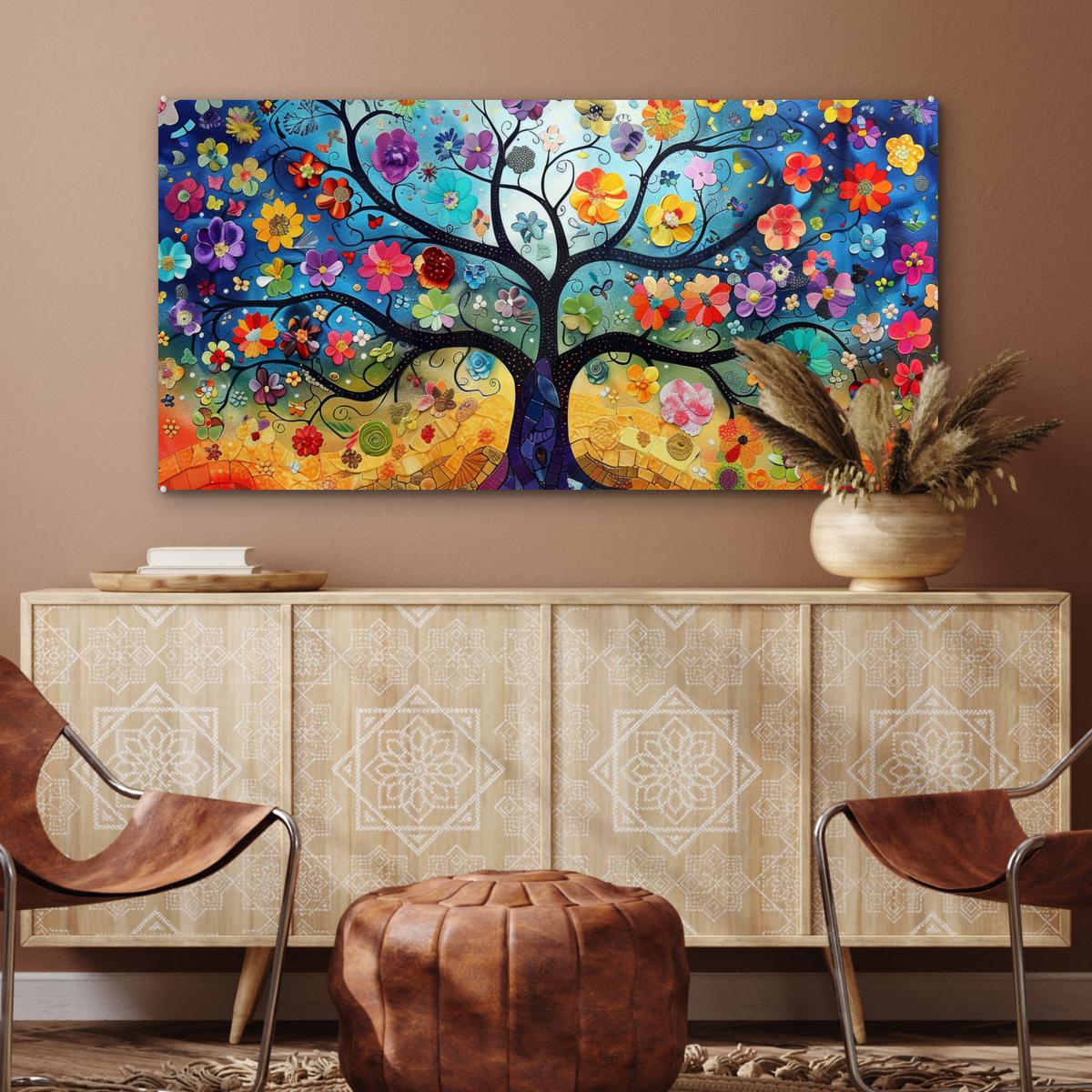 ACRYLGLASBILD Kunst - Baum des Lebens - Blumen - Hippie 120x60 cm - Dunkelblau, Glas (120/60cm) - MuchoWow