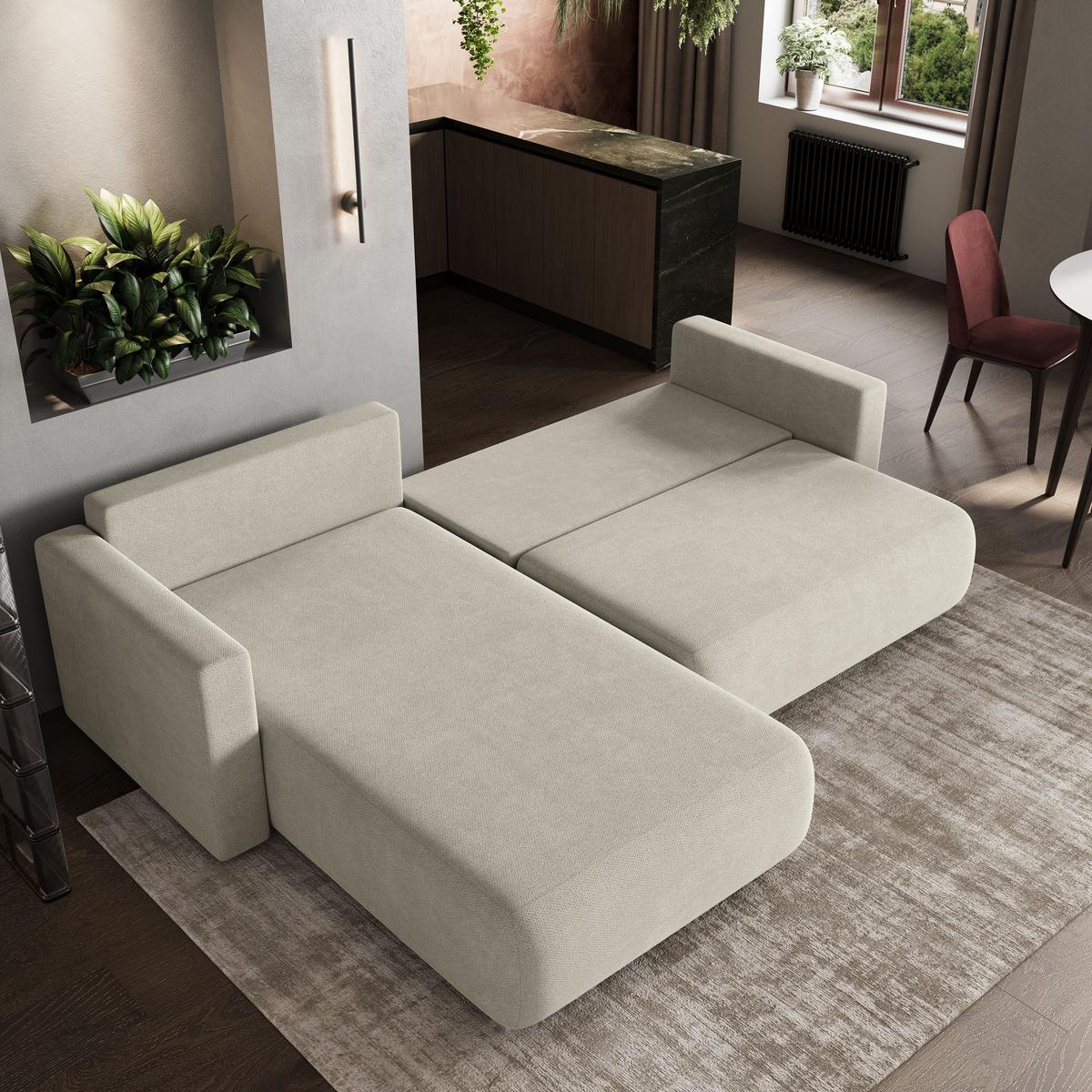 ECKSOFA TURIN Creme Geflochtener Stoff mit Schlaffunktion - Creme, Holz (265/183cm) - MASSENO
