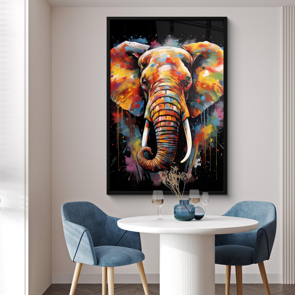 POSTER MIT RAHMEN Elefant - Graffiti - Schwarz - Tiere - Farben Bilderleiste 80x120 cm - Schwarz, Papier (80/120cm) - MuchoWow