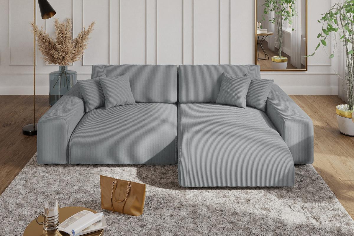 ECKSOFA mit Schlaffunktion, Bettkasten, Wellenunterfederung, seitenverkehrt montierbar B255/T165/H84 cm, Liegefl. 148x196 cm, Cord Hellgrau / 21007 - Hellgrau/Schwarz, Kunststoff/Textil (255/165cm) - luma-home