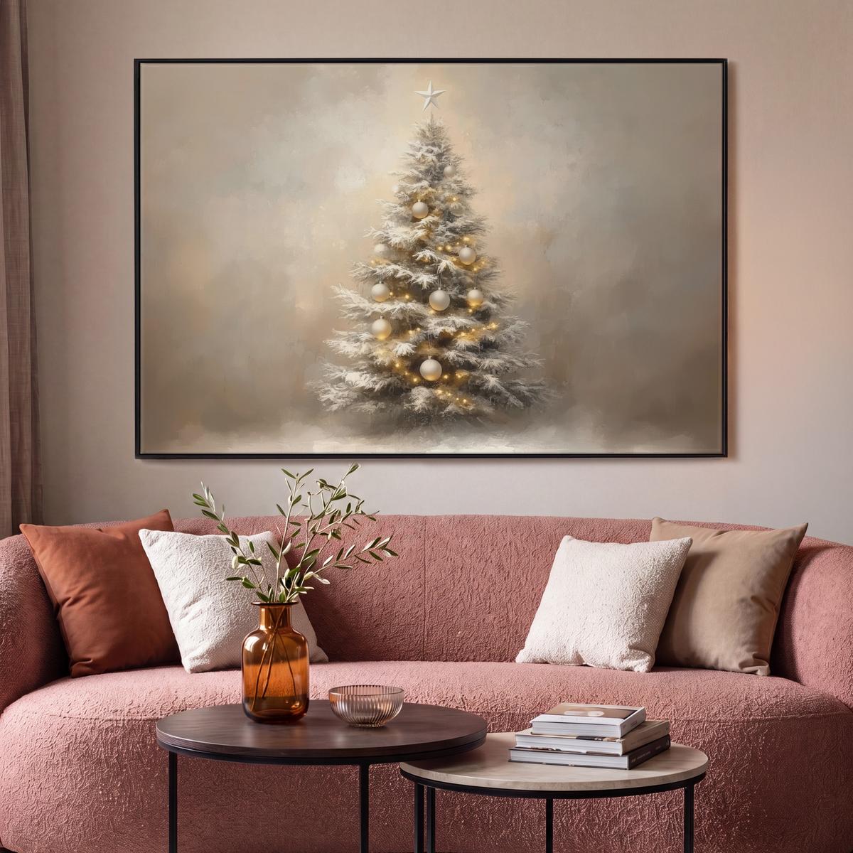 LEINWAND Bilder mit Rahmen - Weihnachten - Weihnachtsbaum - Schnee - Kunst - 120x80 - Champagner, Textil (120/80cm) - MuchoWow