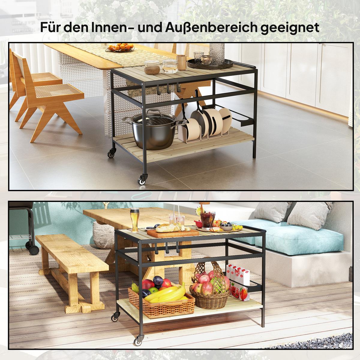 SERVIERWAGEN, Barbecue Trolley mit 2 Regalen, Haken für Garten, Balkon, Natur - Fichtefarben, Metall (65/80/107cm) - Outsunny