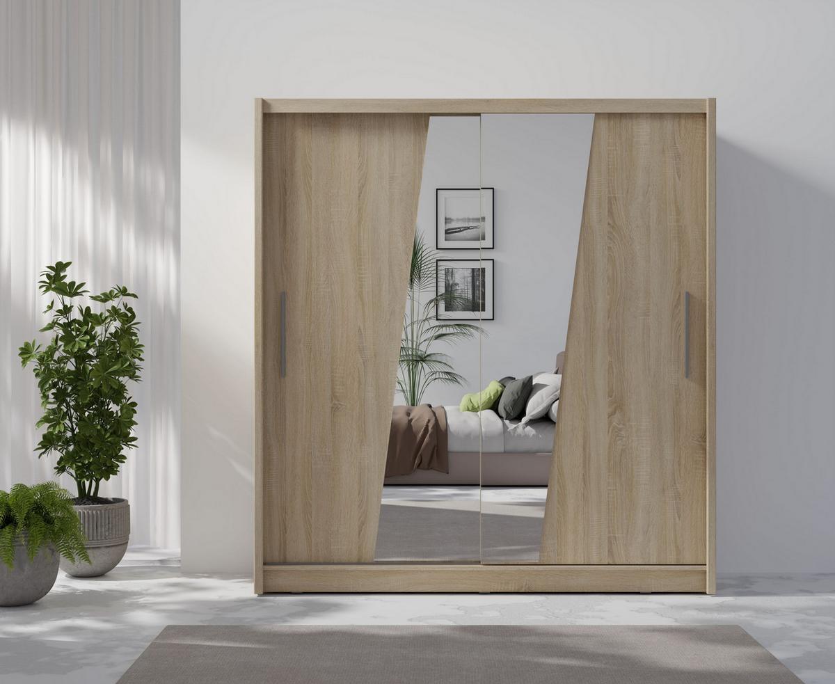SCHWEBETÜRENSCHRANK RANOR 200/215/62,5cm 2-türig mit Spiegel Sonoma Eiche - Sonoma Eiche, Holzwerkstoff (200/215/62.5cm) - MASSENO