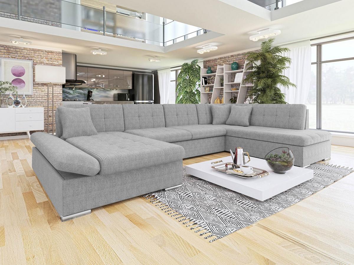 WOHNLANDSCHAFT Bergen Cord, Seite: Links - Silberfarben/Hellgrau, Holz/Textil (345/76/205cm) - MIRJAN24