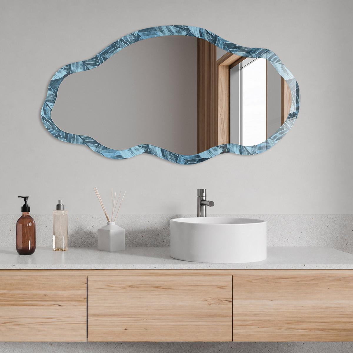SPIEGEL 90x45 cm asymmetrisch mit Druck - Blaue Blätter - Transparent, Glas (45/90/0.4cm) - TULUP