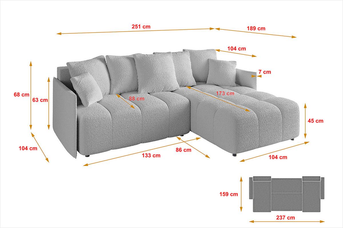 ECKSOFA Ottomane rechts LONLI-L 251x189x68 Hellgrau Bouclé - Hellgrau, Holzwerkstoff/Kunststoff (189/251cm) - ALTDECOR