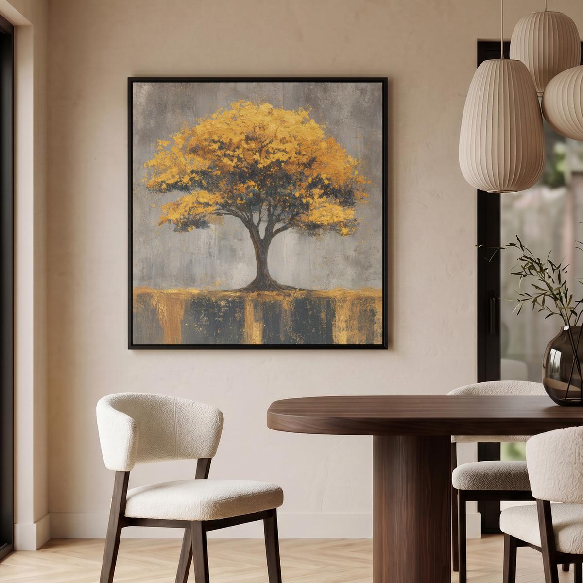 LEINWAND Bilder mit Rahmen - Baum - Blätter - Gold - Abstrakt - 90x90 - Grau, Textil (90/90cm) - MuchoWow