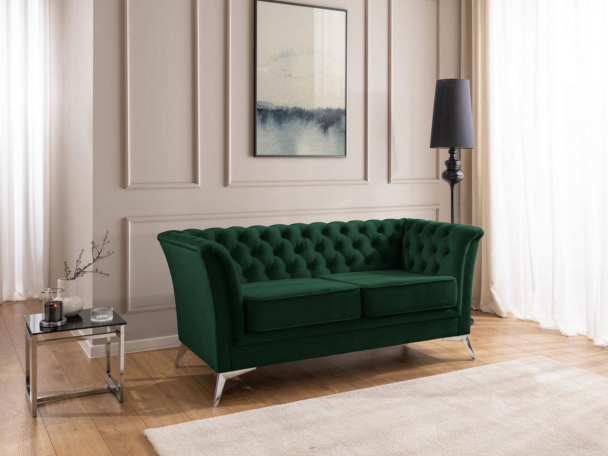 CHESTERFIELD-SOFA 2-sitzer Whitby Flaschengrün Samt mit silbernen Füßen - Dunkelgrün/Silberfarben, Holz/Textil (175/78/82cm) - S-Style Möbel