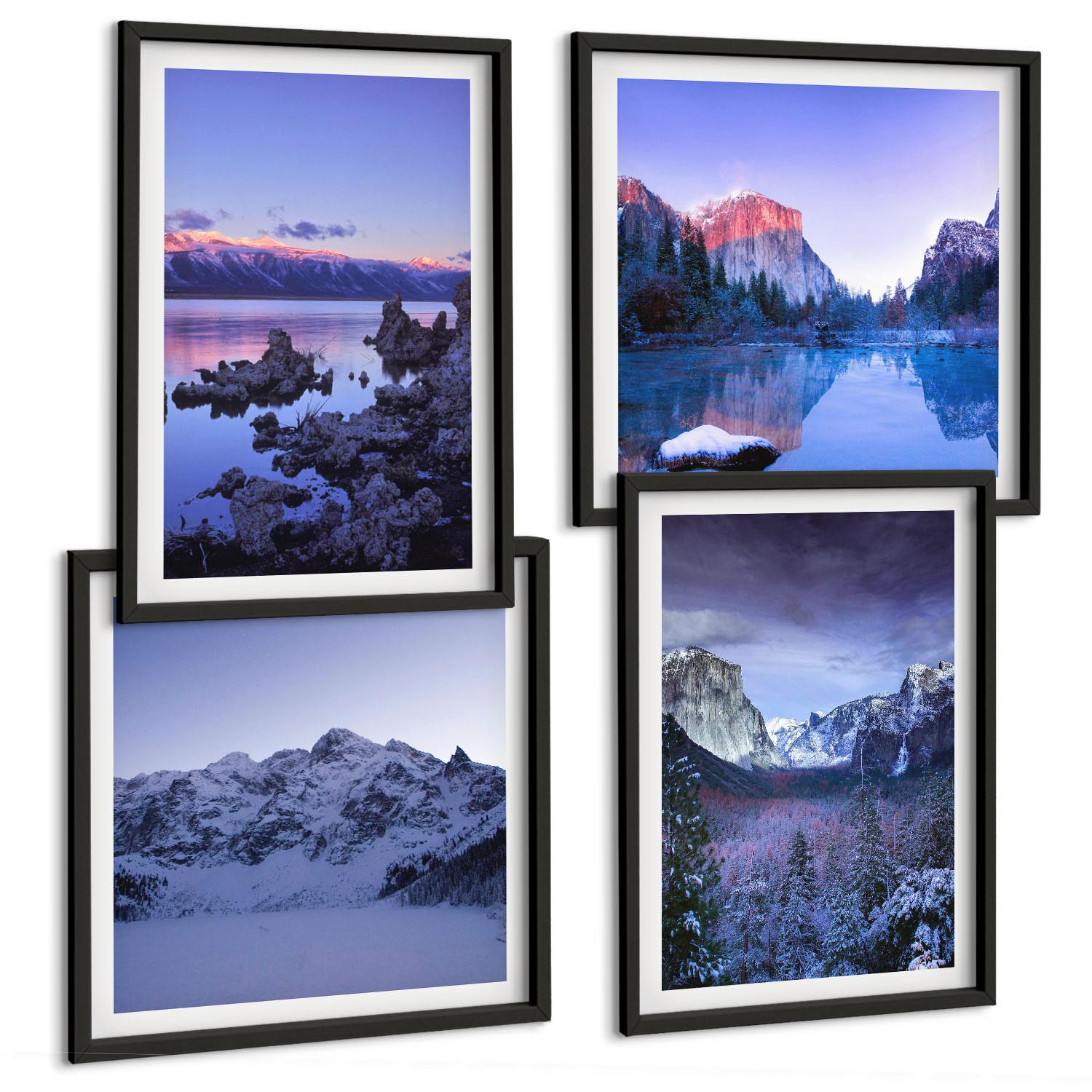 BILDER SET 4er Set - 50x50 cm & 40x60 cm Schwarzer Rahmen - Berglandschaften, Sonnenuntergang, Wasser - Schwarz, Kunststoff (50/50cm) - TULUP