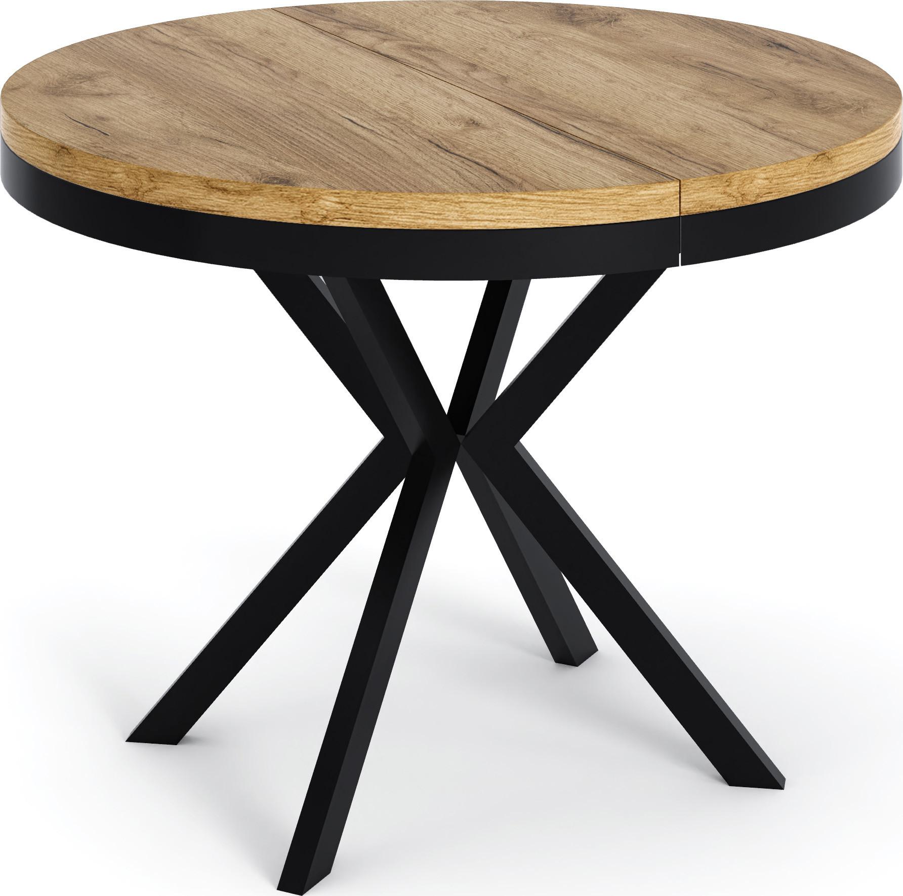 ESSTISCH Ross runder ausziehbarer, Craft Eiche 100-180/100/76 cm - Eiche Wotan/Schwarz, Holzwerkstoff/Metall (100/180/76cm) - WFL GROUP
