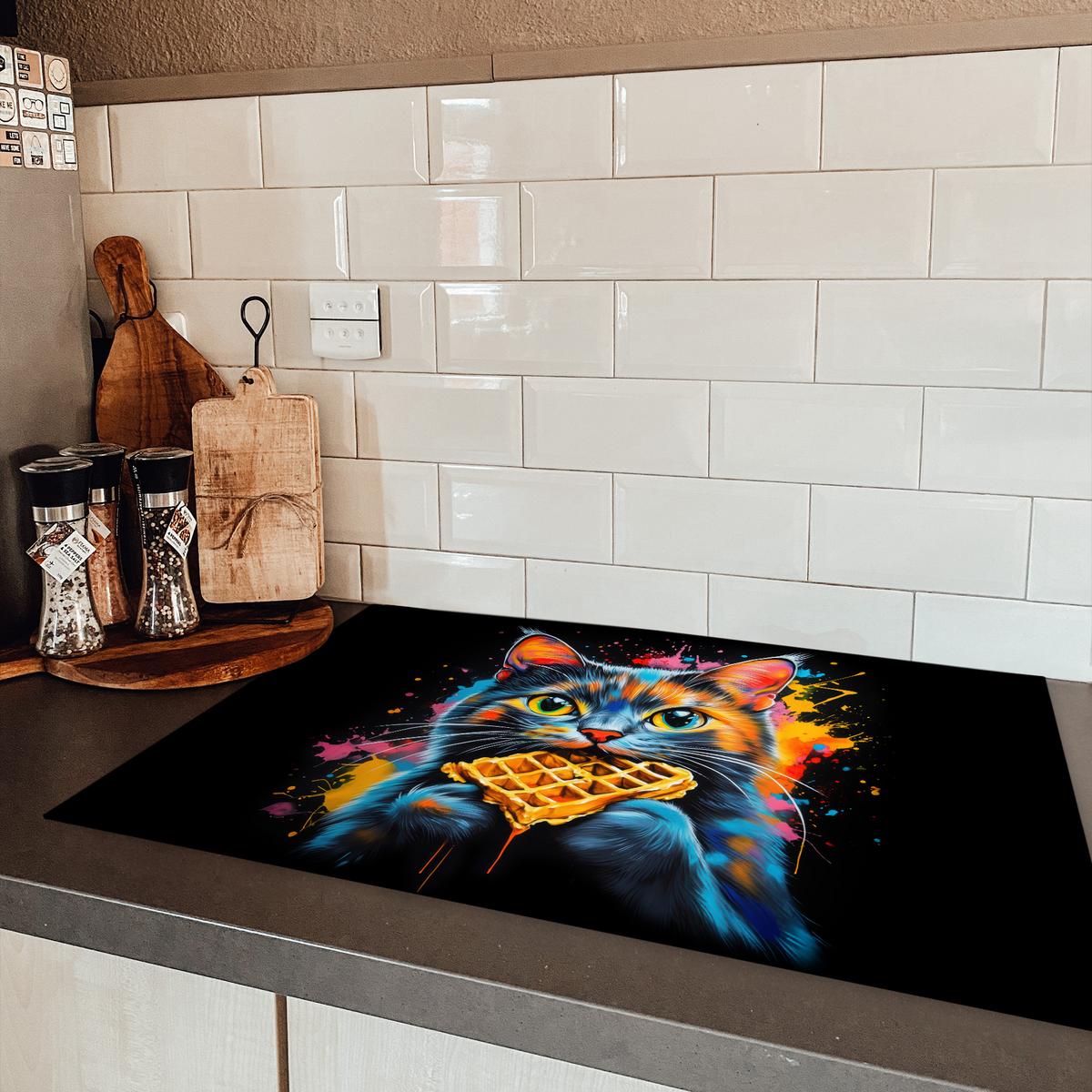 HERDABDECKPLATTE Katze - Graffiti - Bunt - Waffel - Essen Ceranfeldabdeckung 80x52 cm - Multicolor, Kunststoff (80/52/0.2cm) - MuchoWow