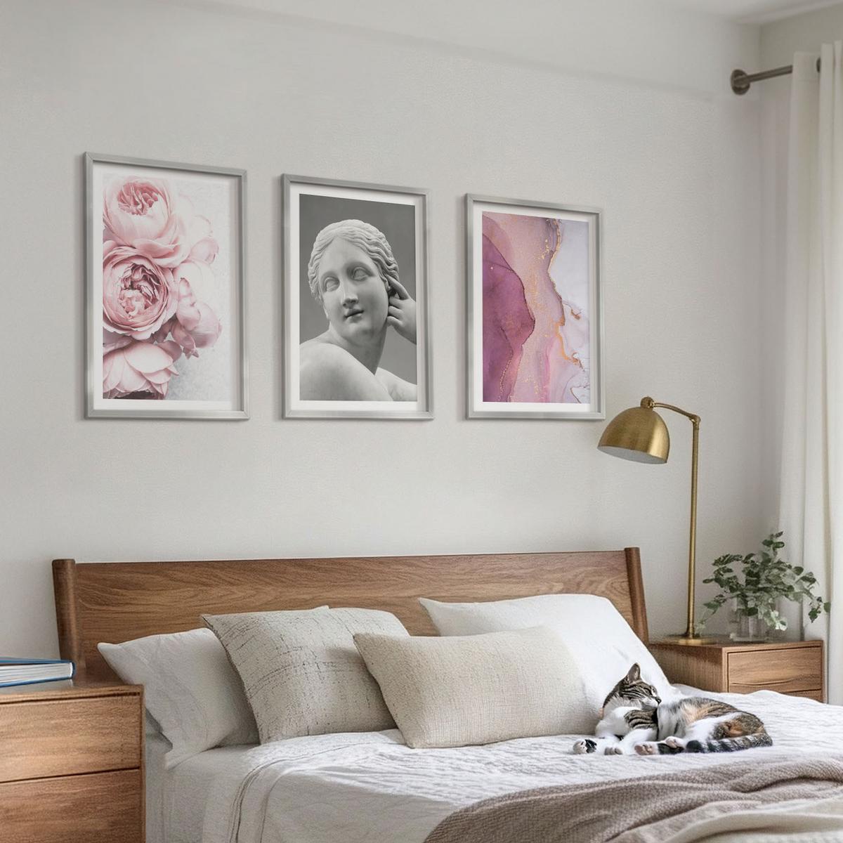 BILDER SET 3er Set - 40x60 cm Silberner Rahmen - Pfingstrosen abstrakte Frauenskulptur - Silberfarben, Kunststoff (40/60cm) - TULUP