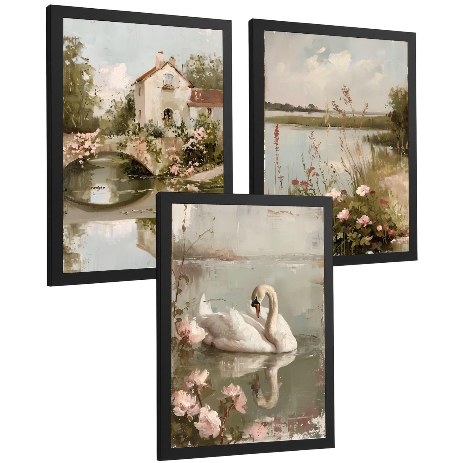 POSTER 3er Bilder-Set Wandbilder Ölmalerei modern Wohnzimmer Deko, Schlafzimmer, Küche, Badezimmer Schwarzer Rahmen A4 - Schwarz, Papier (29.7/1/21cm) - Nacnic