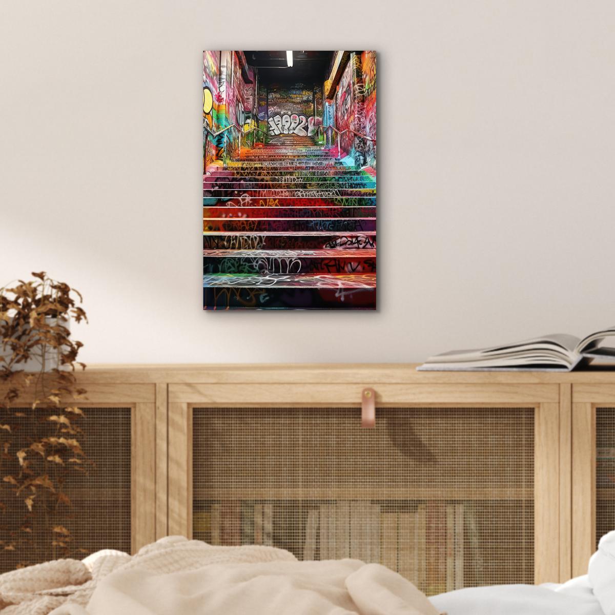 METALLBILD Treppe - Graffiti - Farben - Kunst 20x30 cm - Multicolor, Metall (20/30cm) - MuchoWow