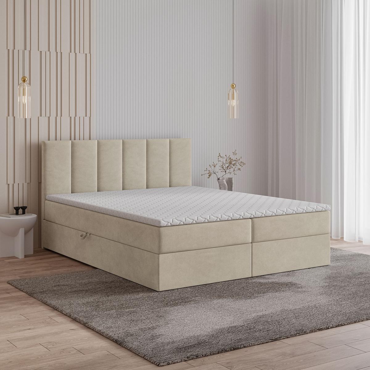 BOXBETT MERIL 200x200 cm mit Matratze und Topper, H2+H3 - Beige - Beige, Holz (200/200cm) - MASSENO