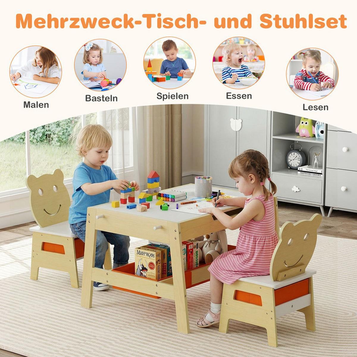 KINDERTISCH mit stuhl natur(3-tlg) - Naturfarben, Holzwerkstoff (70/45/60.5cm) - COSTWAY