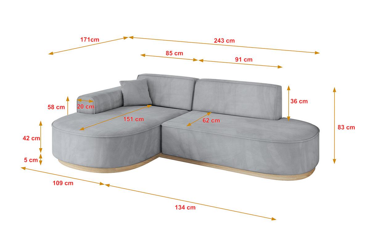 ECKSOFA Ottomane Links MARI-L1-v1 - 243x171x83 cm Grau Velours - Grau, Holzwerkstoff/Textil (243/171cm) - ALTDECOR