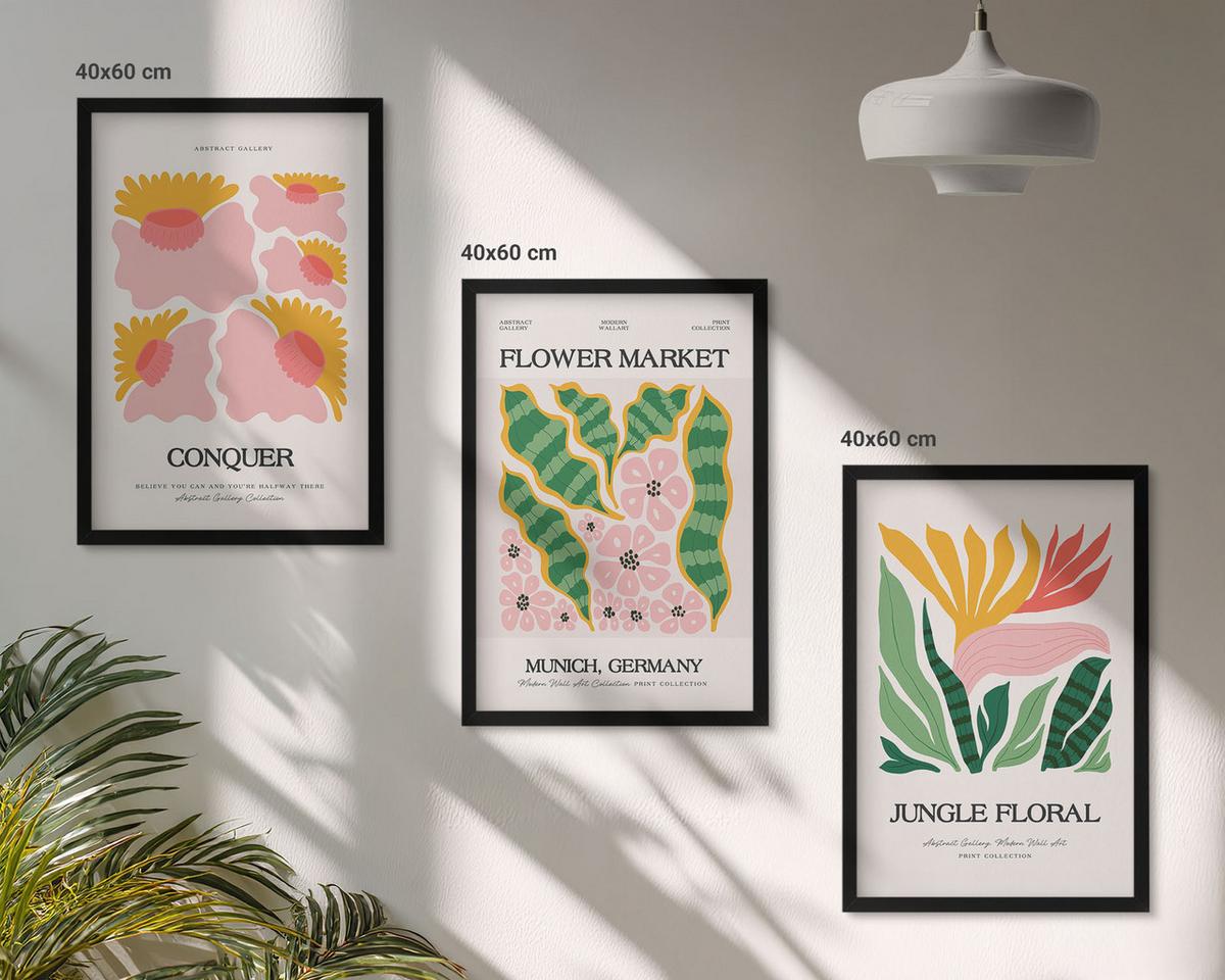 BILDER SET 3er Set - 40x60 cm Schwarzer Rahmen - Blumen und Blätter – moderne Poster - Schwarz, Kunststoff (40/60cm) - TULUP