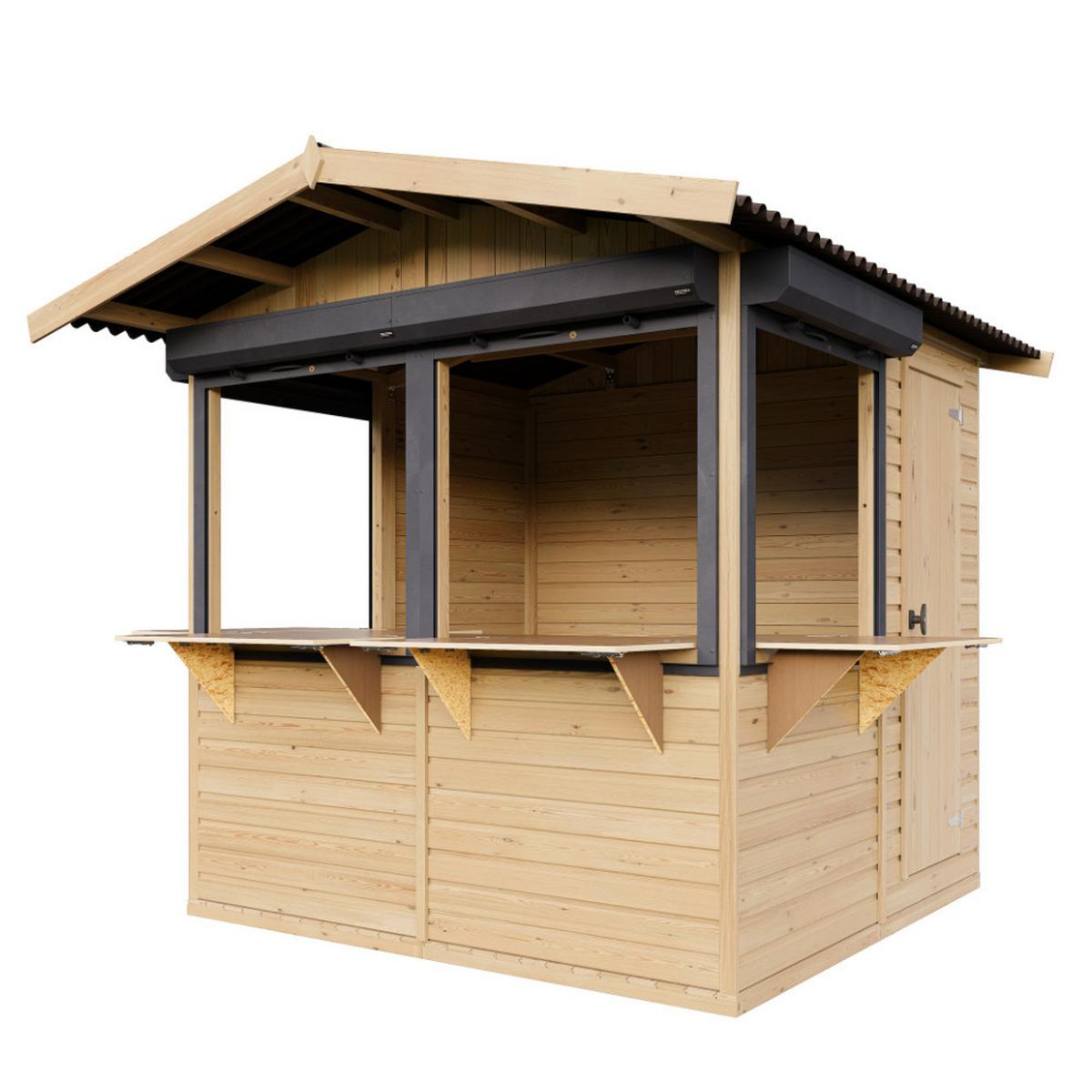 VERKAUFSSTAND aus Holz mit Rollläden 4 m², zerlegbarer Marktstand mit 4 abschließbaren Rollläden für Märkte und Events - Naturfarben, Holz (253/232/263cm) - Timbela