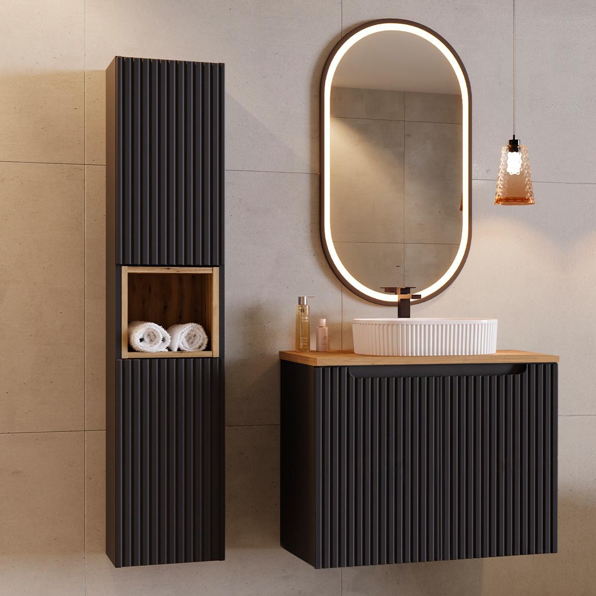 BADMÖBEL 80cm Riva 2er-Set Schwarz und Holz - Schwarz, Holzwerkstoff (80/57/40cm) - Petits-meubles
