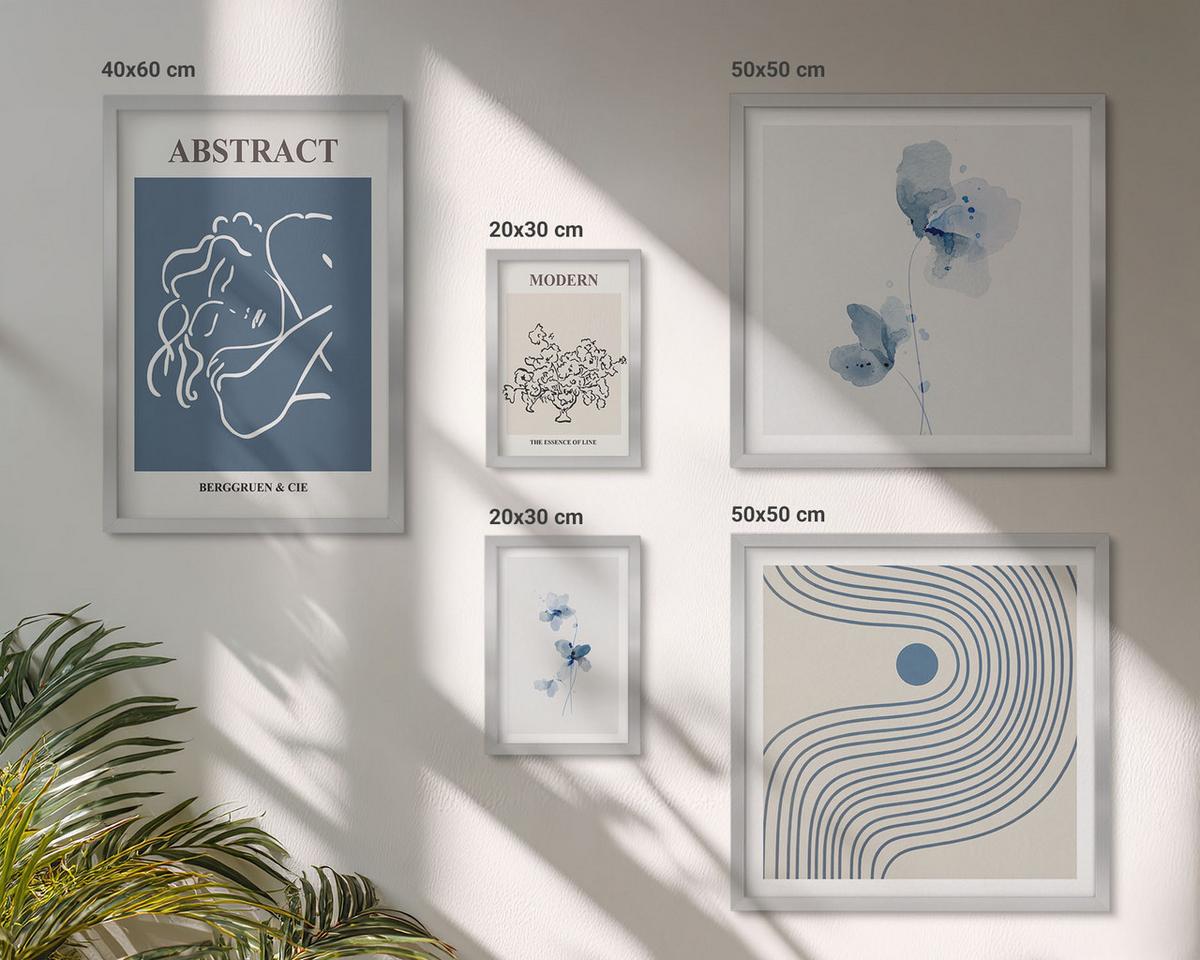 BILDER SET 5er Set - 50x50 cm & 20x30 cm & 40x60 cm Silberner Rahmen - abstrakte Poster mit Blumenlinien - Silberfarben, Kunststoff (40/60cm) - TULUP