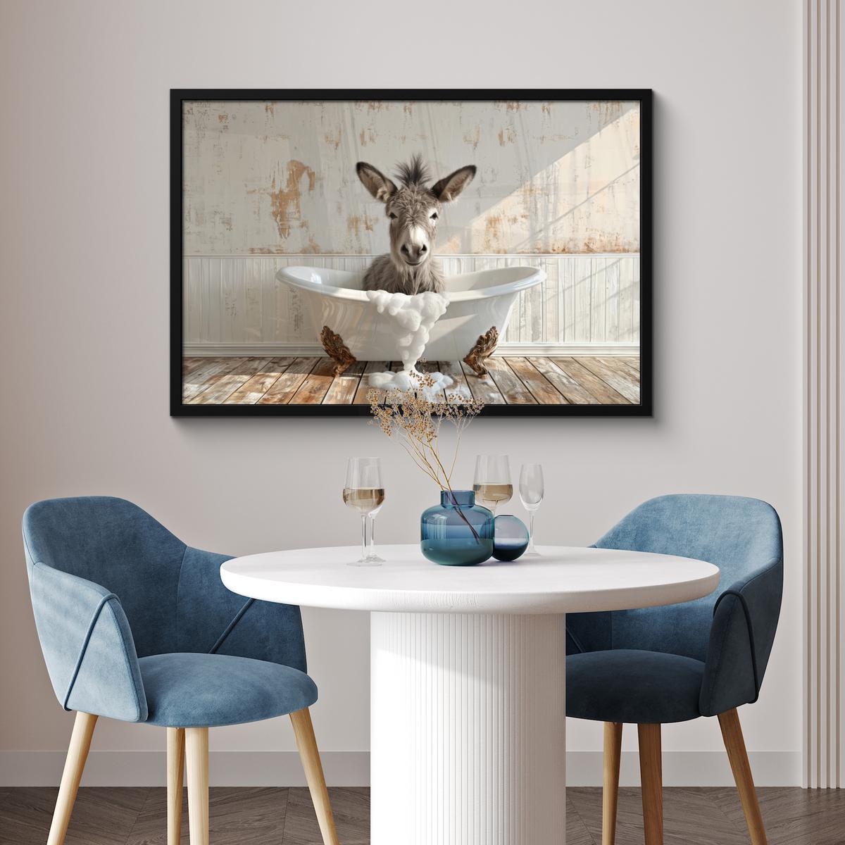 POSTER MIT RAHMENGERAHMTES BILD Esel - Tiere - Badewanne - Schaumstoff 90x60 cm - Weiß, Papier (90/60cm) - MuchoWow