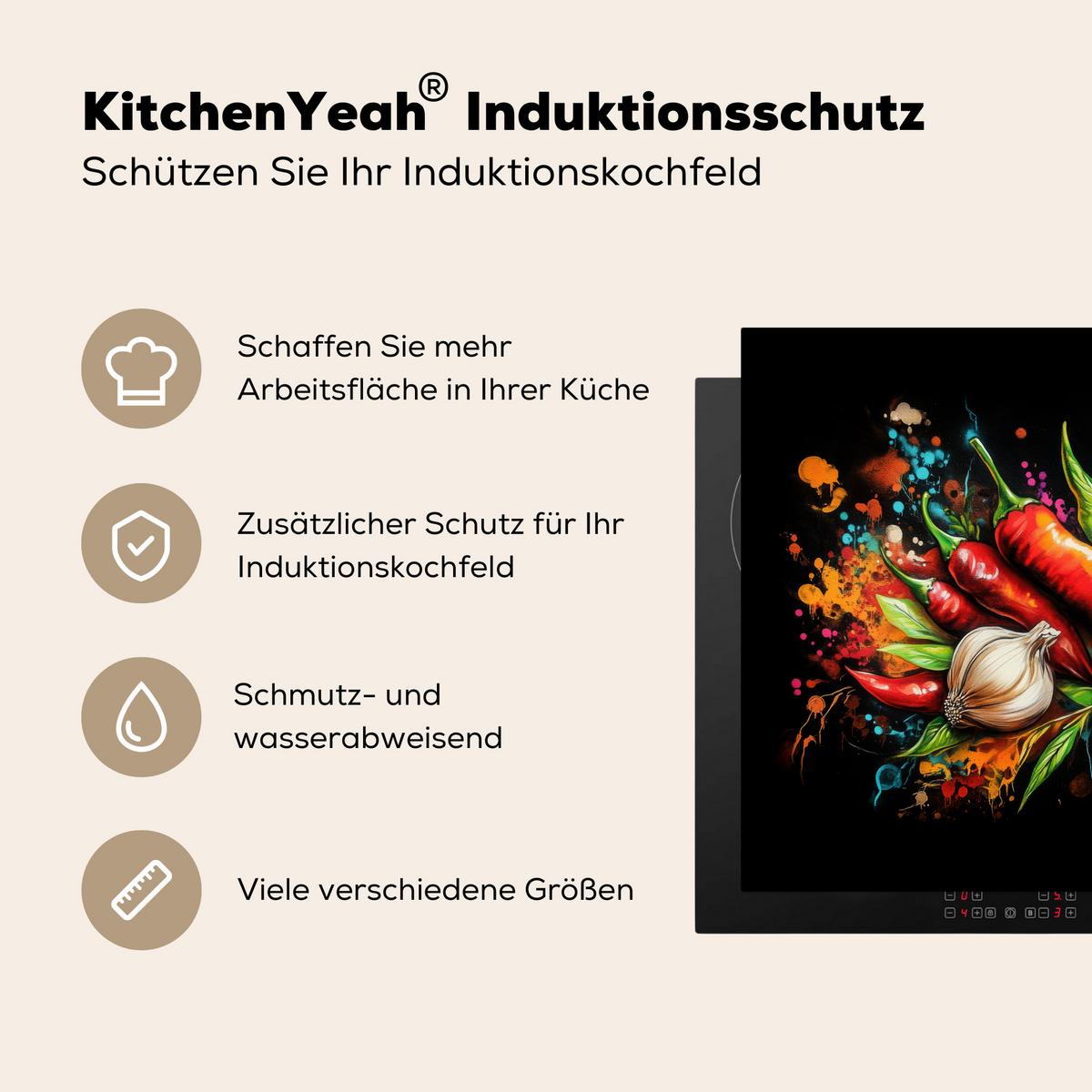 HERDABDECKPLATTE Gemüse - Paprika - Knoblauch - Graffiti - Farbe - Bunt Herdabdeckung Induktionsfeld 75x52 cm - Rot, Kunststoff (75/52/0.2cm) - MuchoWow
