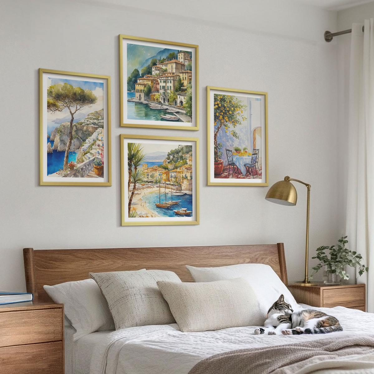 BILDER SET 4er Set - 50x50 cm & 40x60 cm Goldrahmen - Italienische Städte (Aquarell) - Goldfarben, Kunststoff (50/50cm) - TULUP