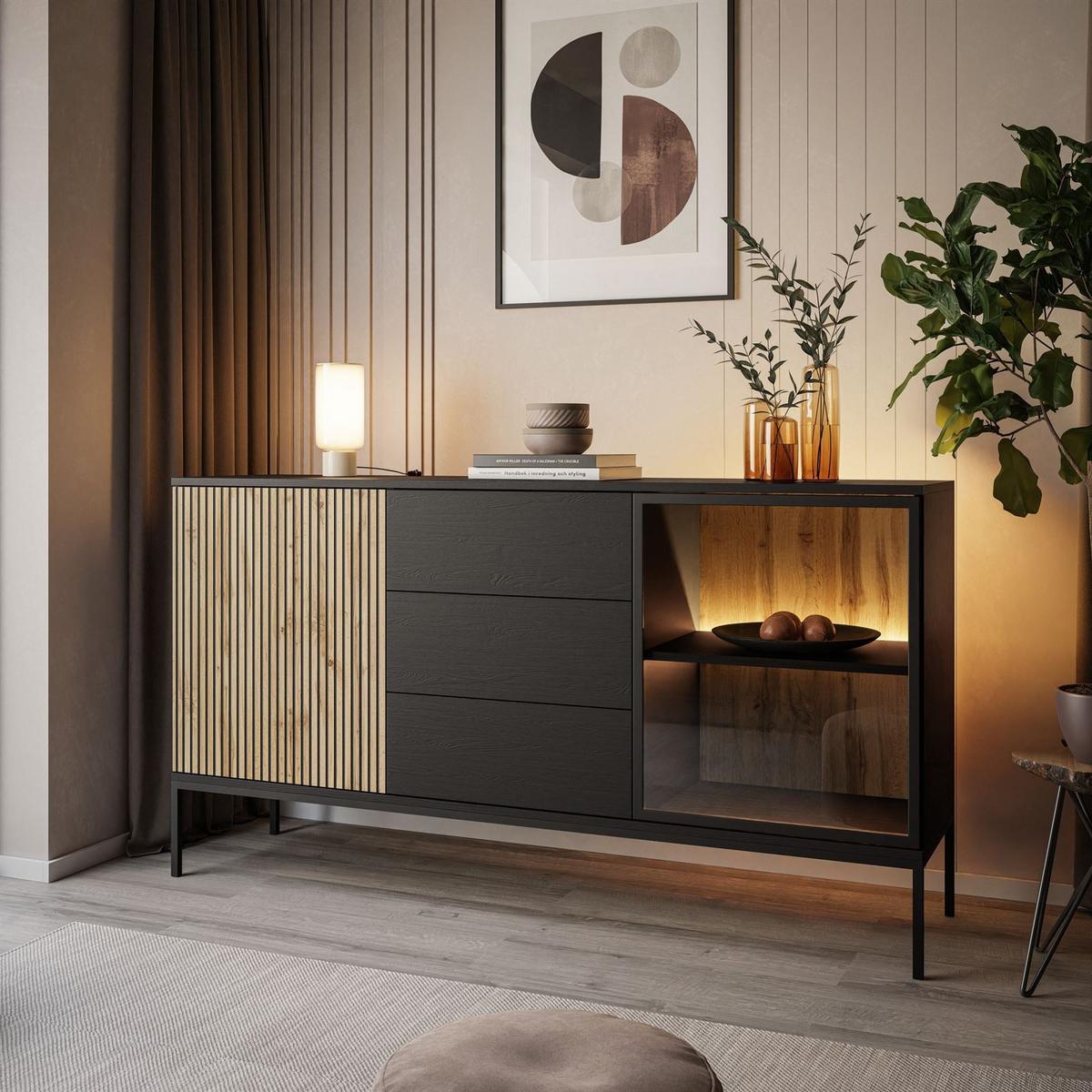 SIDEBOARD ECLIPSE KSZ154 mit Schubladen und Beleuchtung,Schwarz Eiche Wotan - Eiche Wotan, Holzwerkstoff (154/83/39cm) - Lookway