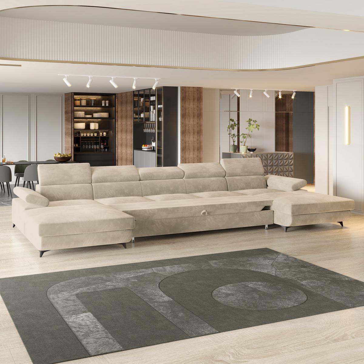 WOHNLANDSCHAFT VIVENTE Creme Velours-Stoff mit Schlaffunktion - Creme, Holz (410/89/190cm) - MASSENO