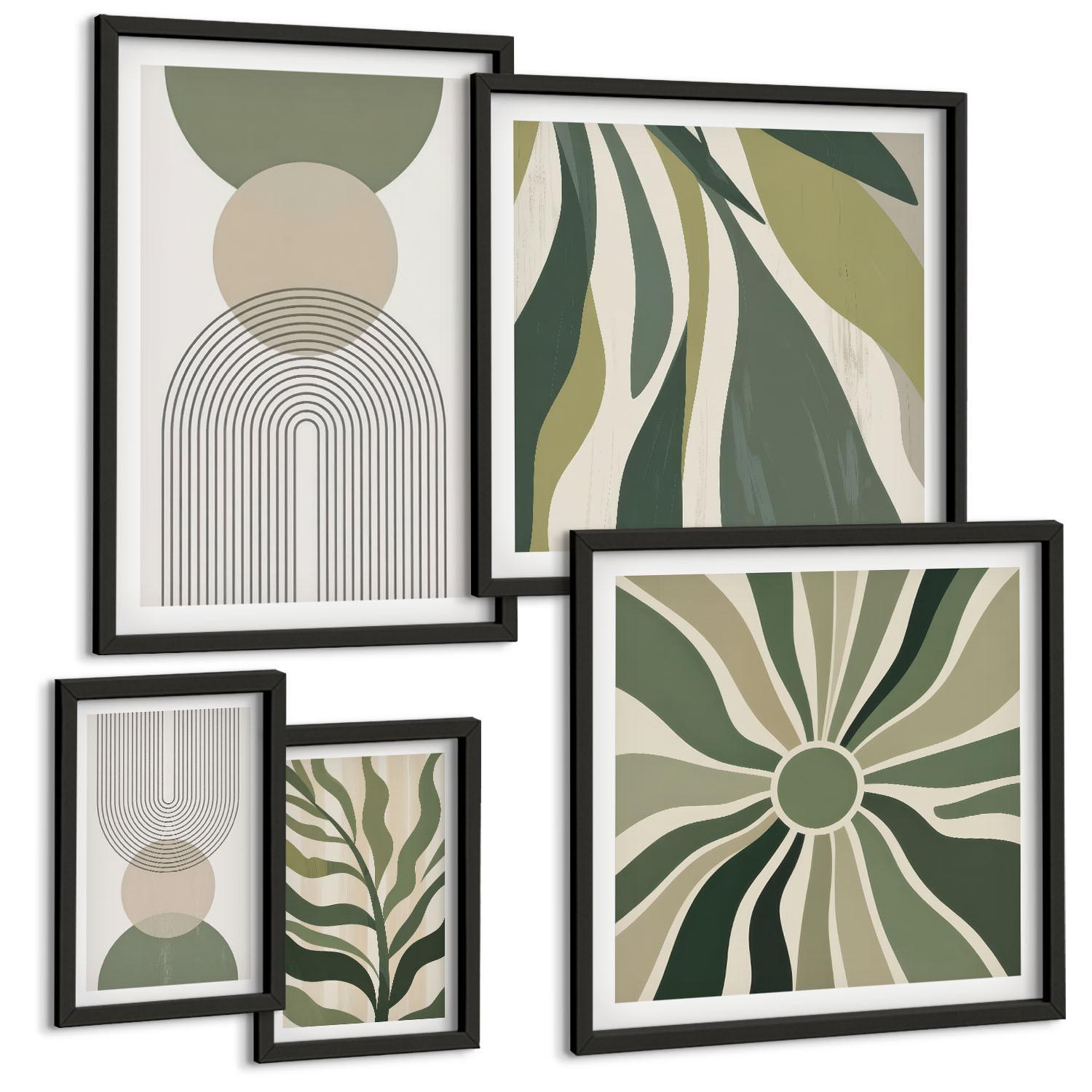 BILDER SET 5er Set - 50x50 cm & 20x30 cm & 40x60 cm Schwarzer Rahmen - Bemalte Blätter mit Grün - Schwarz, Kunststoff (40/60cm) - TULUP