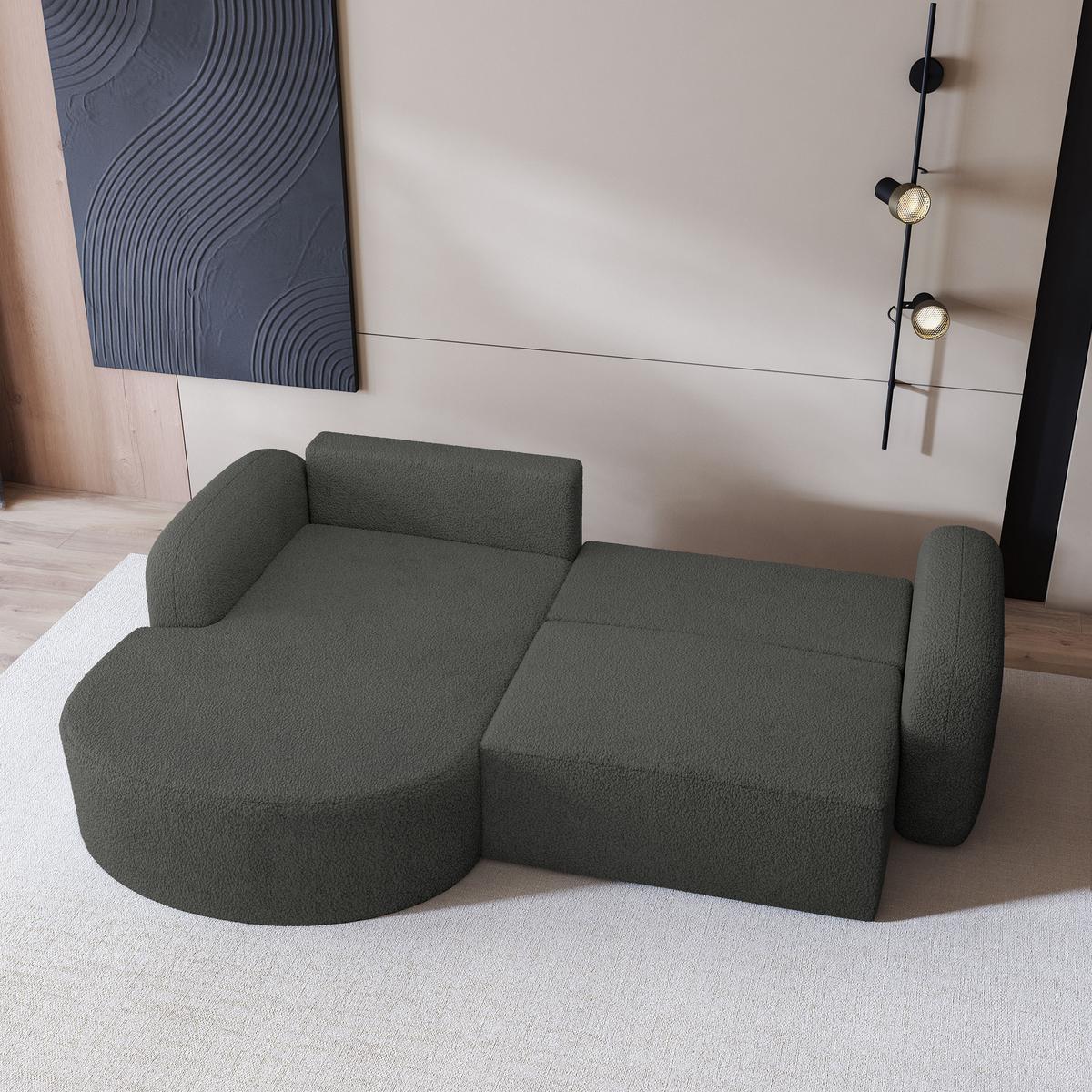 ECKSOFA AMILIA L-S Grau Boucle-Stoff mit Schlaffunktion - Grau, Holz (263/174cm) - MASSENO