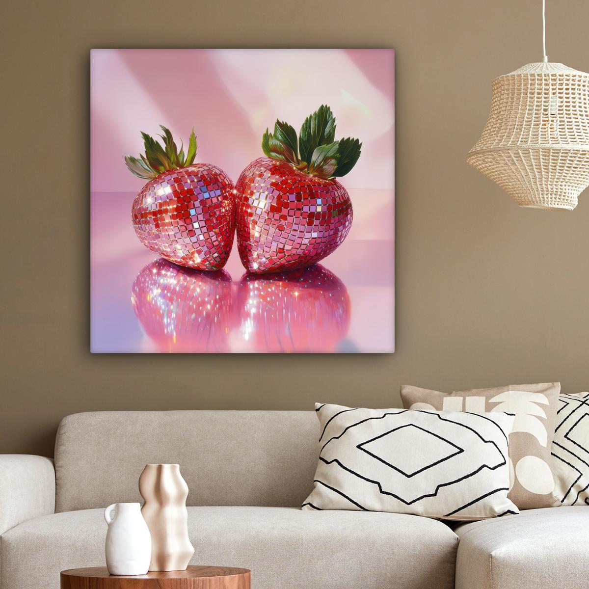 LEINWANDBILD Disco - Obst - Glitzer - Erdbeere Deko Groß 90x90 cm - Pink, Textil (90/90cm) - MuchoWow