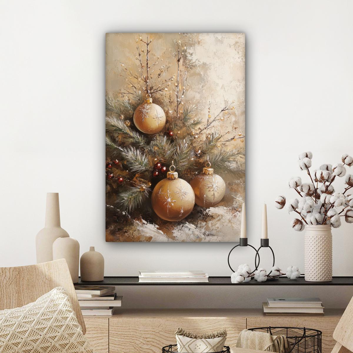 LEINWANDBILD Weihnachten - Kugeln - Beige - Gold Wanddeko Schlafzimmer 60x90 cm - Goldfarben, Textil (60/90cm) - MuchoWow