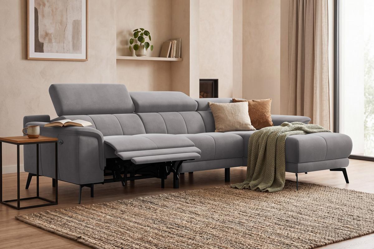 ECKSOFA FIERO 4-Sitzer RECHTS, Dunkelgrauer Veloursstoff - Dunkelgrau/Schwarz, Holz/Textil (288/170cm) - Courtois Laville