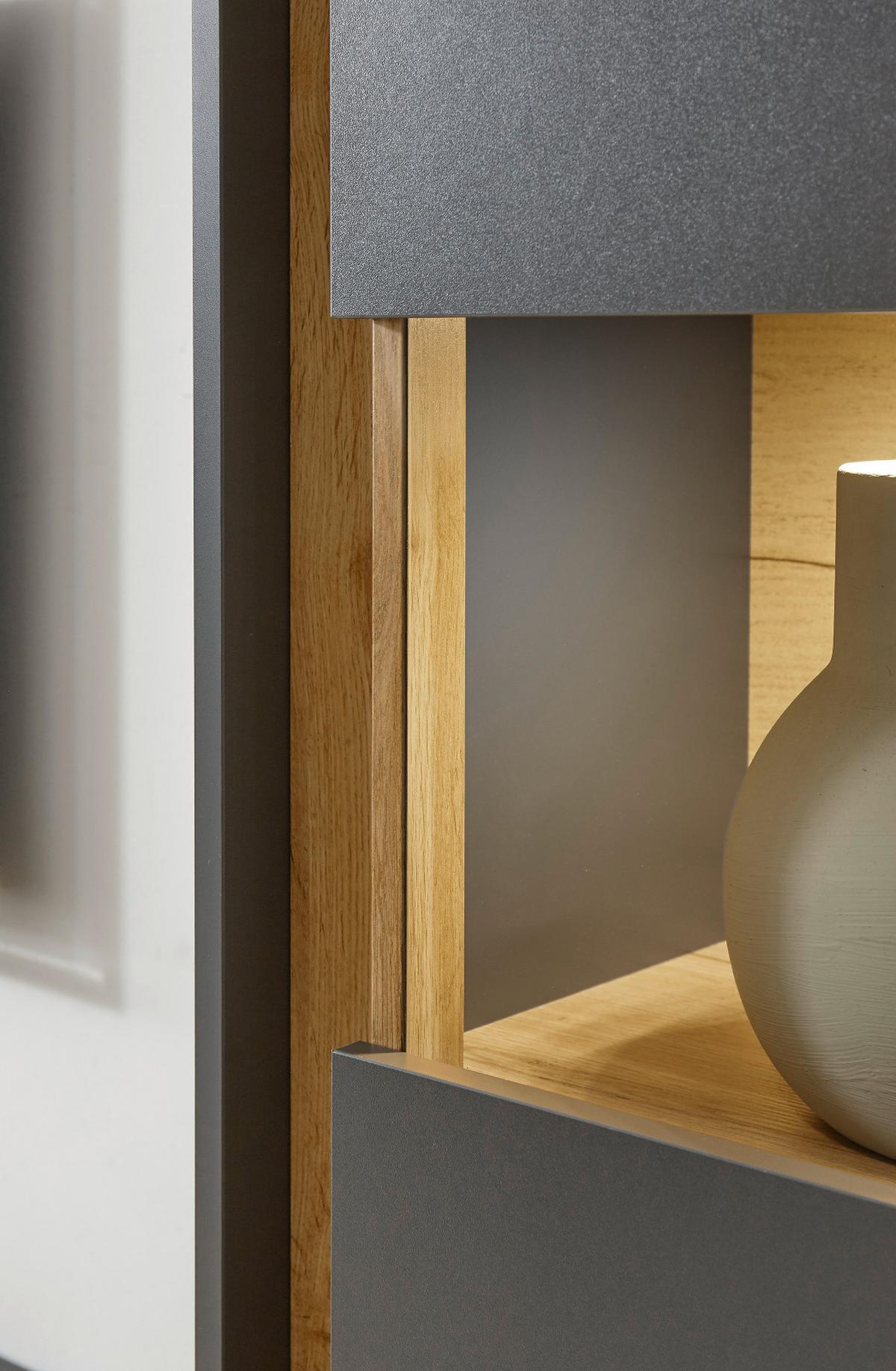 VITRINE grau matt, Eiche Wotan 50 x 197 cm, Vitrinenschrank 5 Fächer - Eiche Wotan/Schwarz, Glas/Holz (50/197/40cm) - Furn.Design