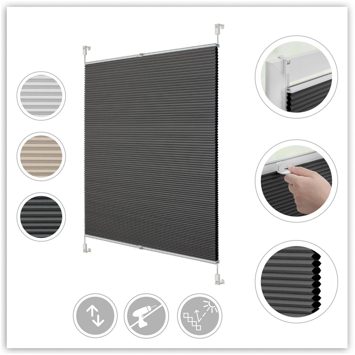 THERMO-PLISSEE KLEMMFIX OHNE BOHREN, VERDUNKELUNG, VERSPANNT Grau, 130 cm, 85, 130 - Grau, Kunststoff (85/130cm) - Lichtblick Original