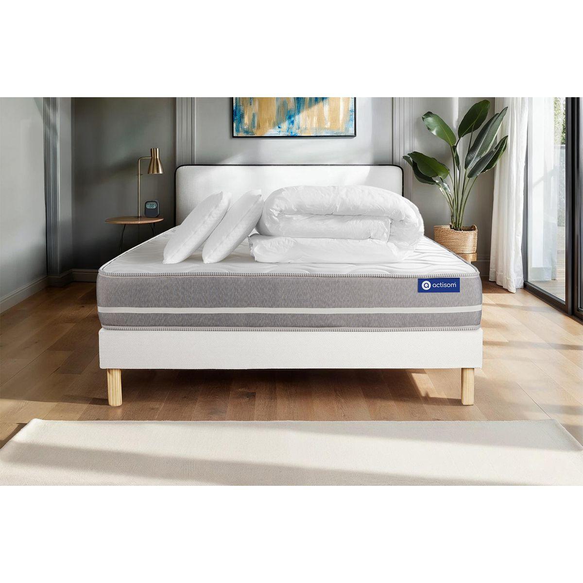 BETT Actimemo touch Memory-Schaum 160 x 200 cm h1 - Kit Bettgestell Weiß - Mit Kissen und Bettdecke - Beige/Weiß, Karton/Holz (160/200cm) - ACTISOM