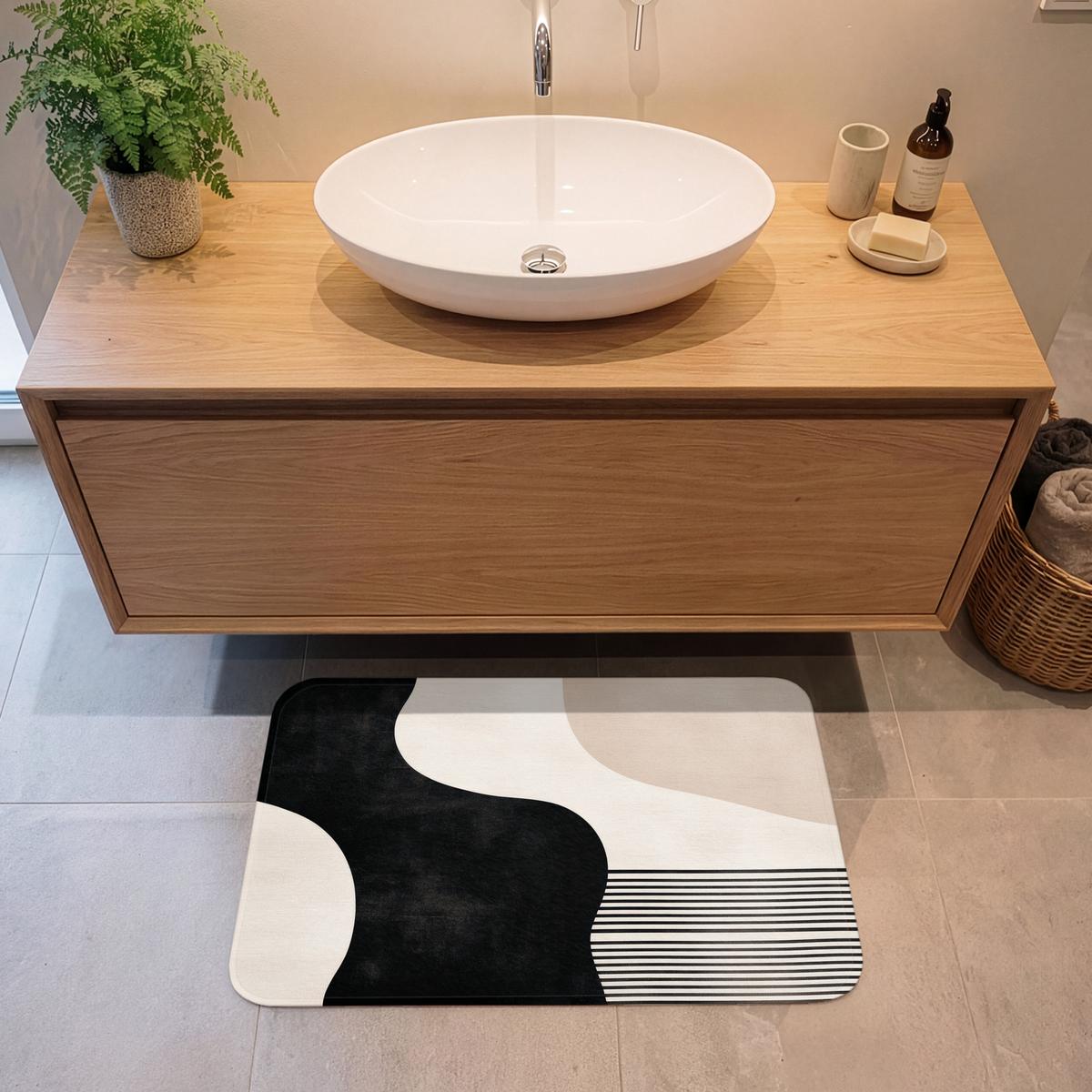 BADEMATTE Abstrakt - Japandi - Beige - Modern 80x50 cm - Beige/Schwarz, Textil (80/50cm) - OnlyWow